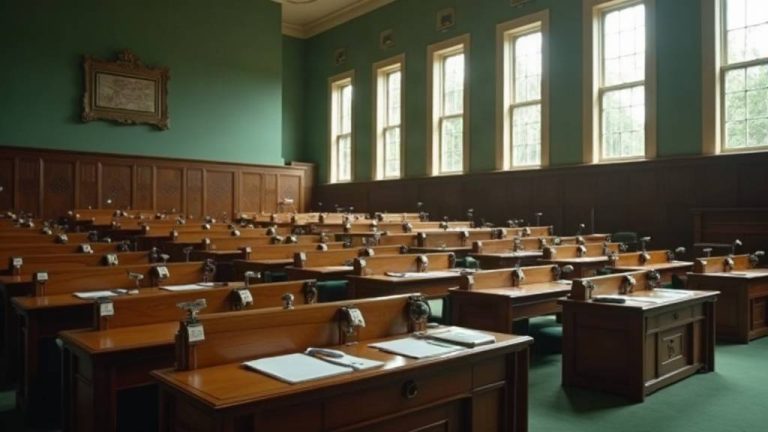 Salle de commission parlementaire vide, pupitres et microphones alignés