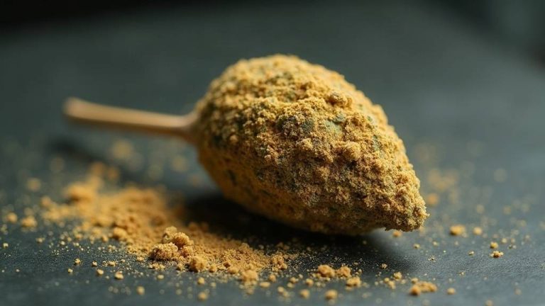 Fleur de chanvre enrobée d'une couche ambrée et roulée dans une poudre dorée, sur ardoise