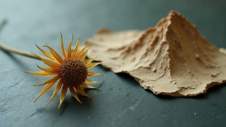 Fleur de chanvre séchée posée sur une ardoise, à côté d'un fragment de carte en relief d'une chaîne de montagnes
