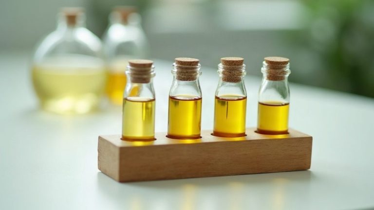 Six petites fioles d'huile aux teintes du jaune pâle à l'ambre, alignées dans un portoir en bois