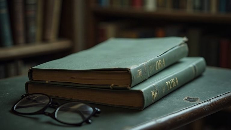 Deux ouvrages de référence fermés sur un bureau sombre, à côté d'une paire de lunettes