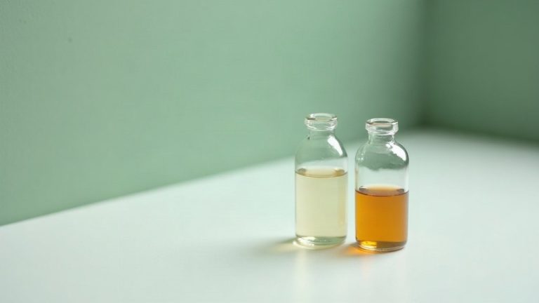 Deux fioles de laboratoire identiques côte à côte, l'une au liquide clair, l'autre au liquide ambré