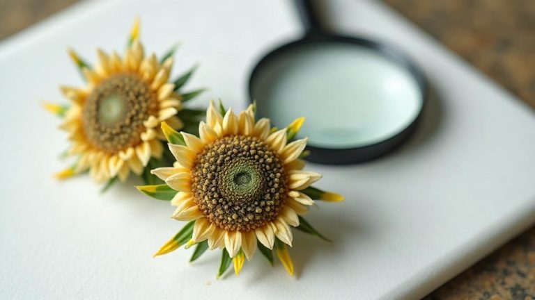 Fleur de chanvre séchée coupée en deux près d'une loupe, sur une planche blanche