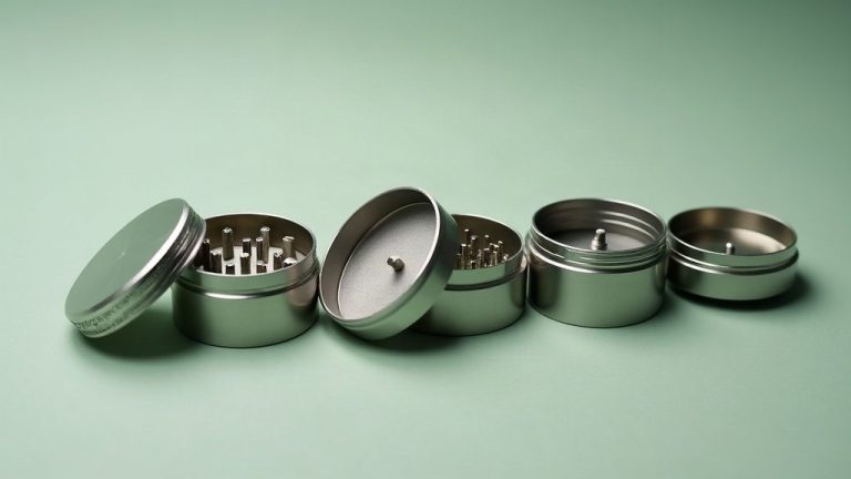 Grinder métallique à quatre parties démonté et aligné : couvercle, chambre à dents, tamis et base