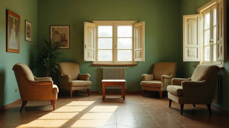 Salon vide aux fauteuils dépareillés autour d'une table basse, lumière méditerranéenne à travers des volets