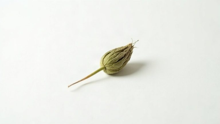 Une fleur de chanvre séchée seule sur fond blanc, lumière d'étude nette