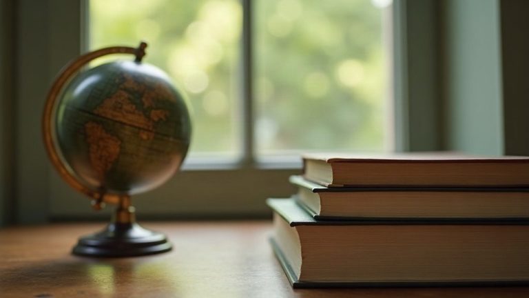 Globe terrestre ancien près d'une pile de livres fermés sur un bureau en bois
